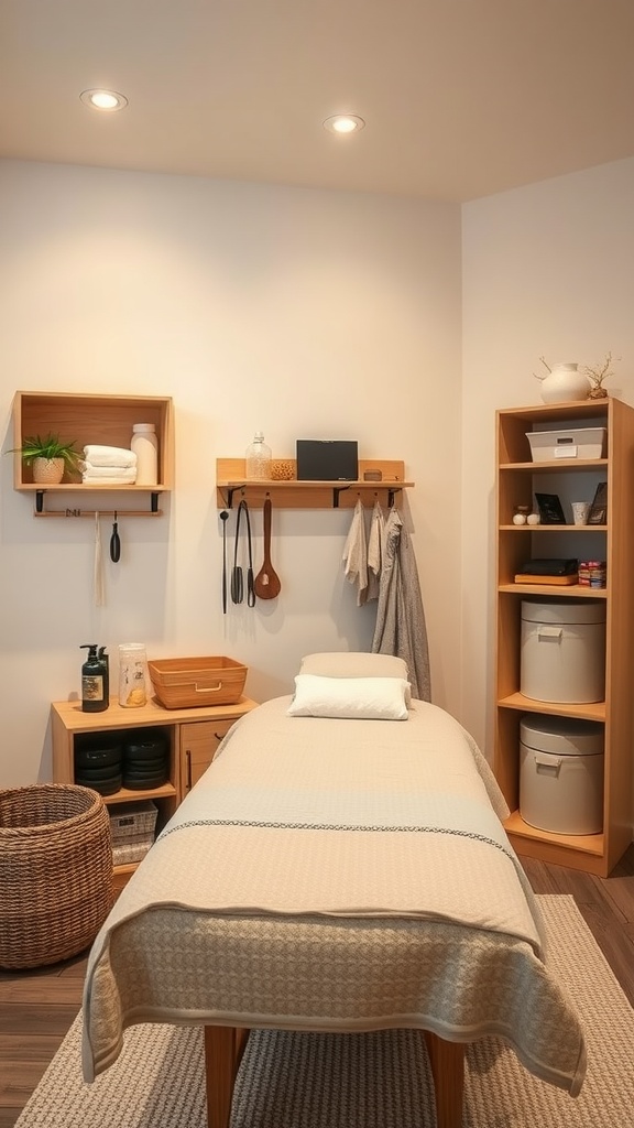 A well-organized massage room with functional storage solutions including shelves and baskets.