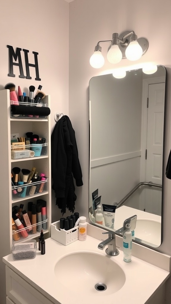 A stylish dorm bathroom vanity area with organized beauty products, a modern mirror, and practical lighting.