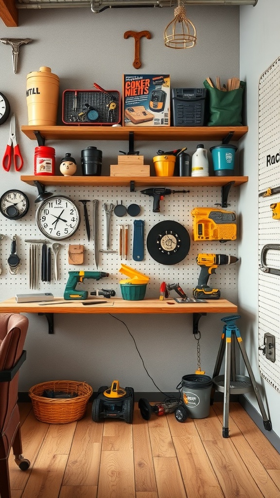 A well-organized hobby room with tools displayed on a pegboard and shelves, showcasing functional wall art.