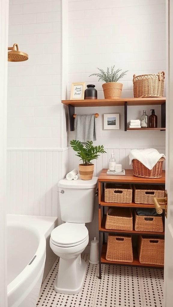 A stylish bathroom with functional storage solutions, featuring wooden shelves, baskets, and a plant.