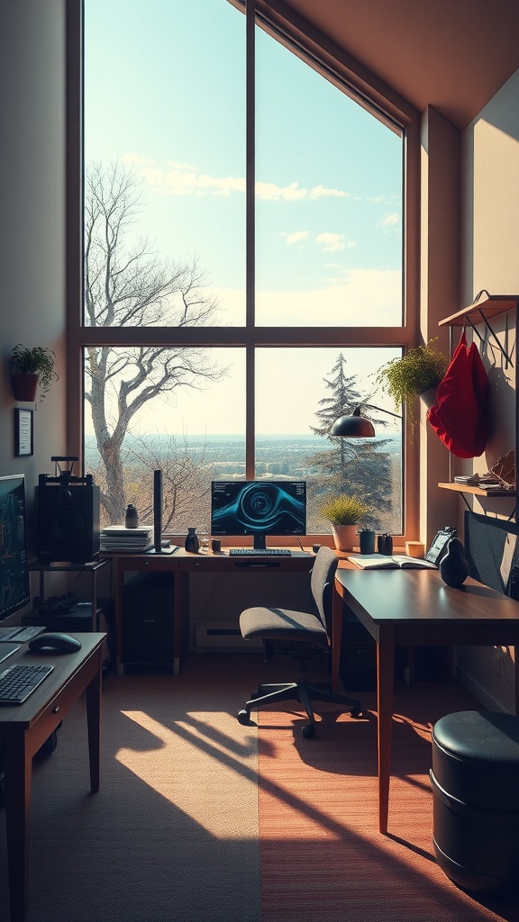 A gaming space featuring a large window with a view, a desk with a monitor, and a comfortable chair.