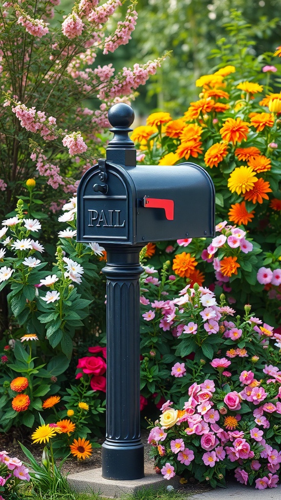 A decorative mailbox post surrounded by colorful flowers in a garden setting.
