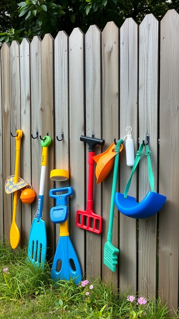 A wooden fence with colorful children's outdoor toys hanging from hooks.