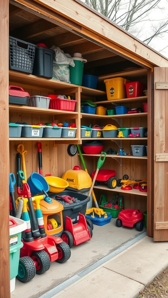 Organized garden shed with colorful bins and outdoor toys