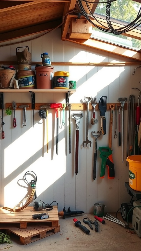 An organized garden shed with tools hanging on the wall and shelves for storage.