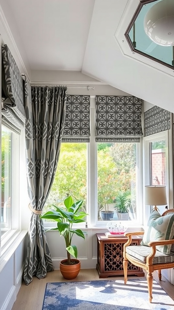 A bright sunroom with geometric print curtains, a potted plant, and a cozy chair.