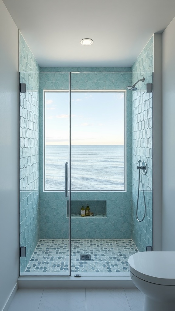 A modern bathroom with a glass shower enclosure, blue tiles, and a view of the ocean