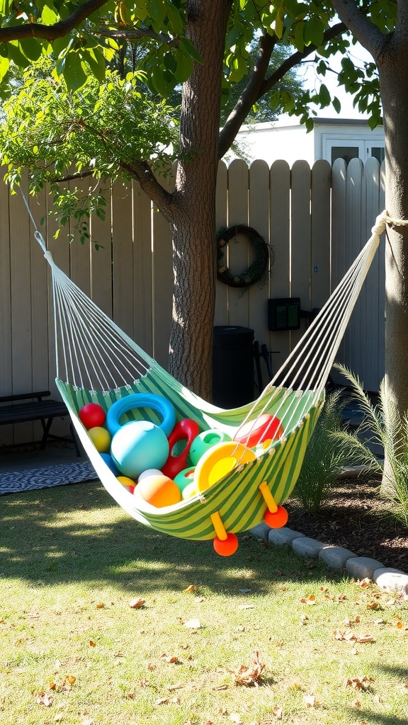 A colorful hammock filled with various outdoor toys, suspended between two trees in a yard.