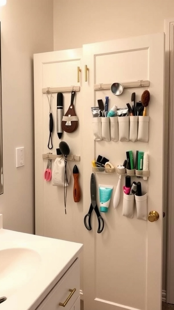Hanging organizers on a bathroom door with various personal care items.