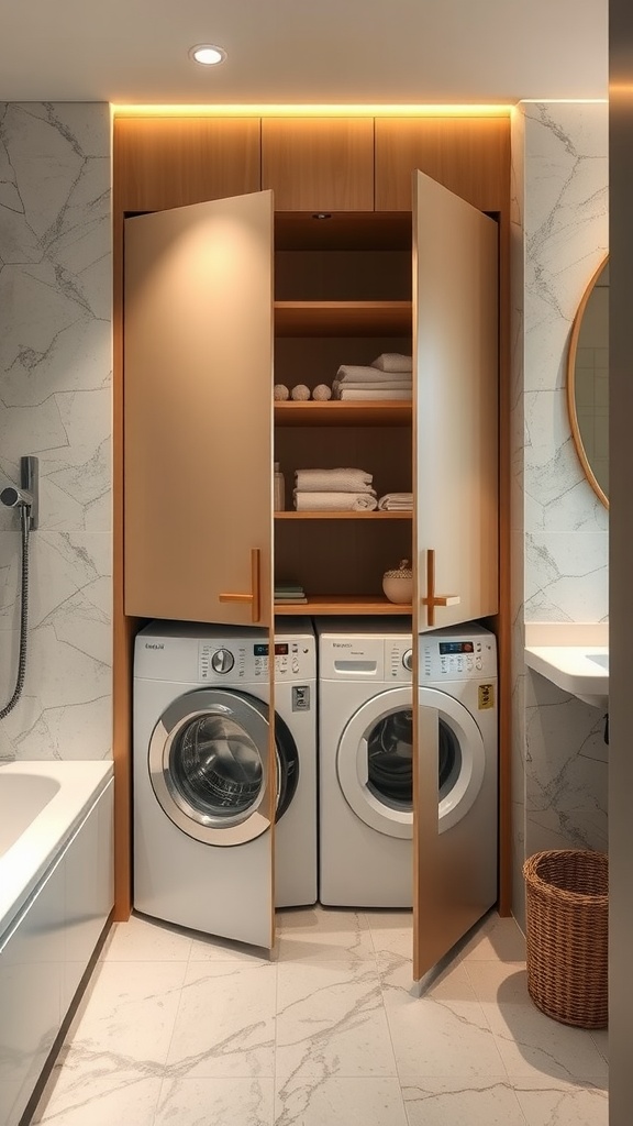 A hidden washer-dryer cabinet in a modern bathroom, featuring wooden doors, neatly arranged towels, and warm lighting.