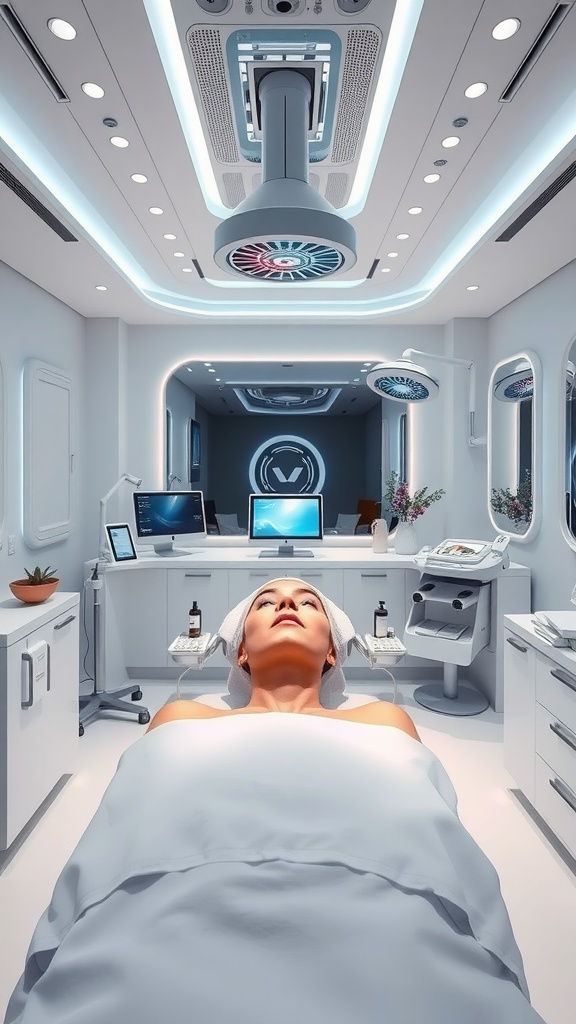 A modern high-tech facial treatment room featuring advanced equipment and bright lighting.