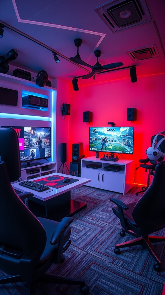 A high-tech gaming room featuring dual monitors, vibrant lighting, and ergonomic gaming chairs.