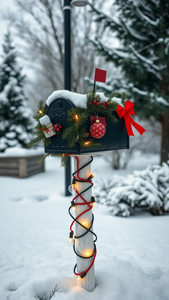 A decorated mailbox with festive garland, lights, and snow