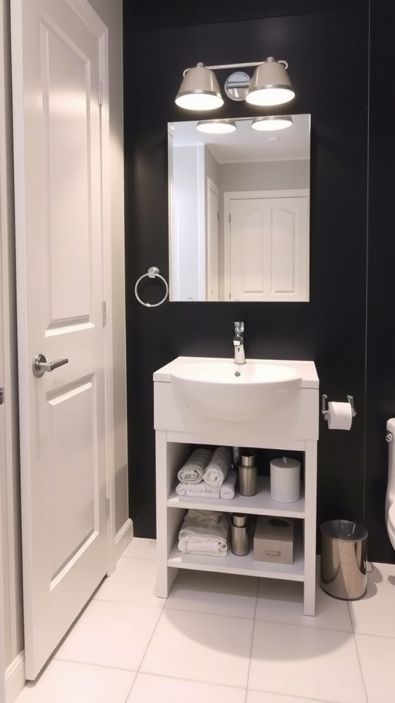 A modern bathroom vanity with open shelves holding towels and toiletries against a dark wall.