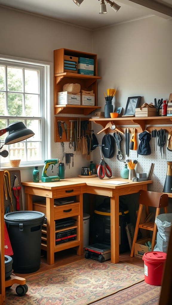 Small wooden workbench in a hobby room with organized tools and shelves.