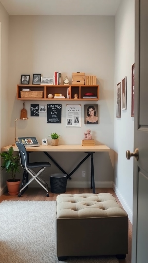 A small hobby room featuring a compact desk, storage ottoman, and decorative items on the walls.
