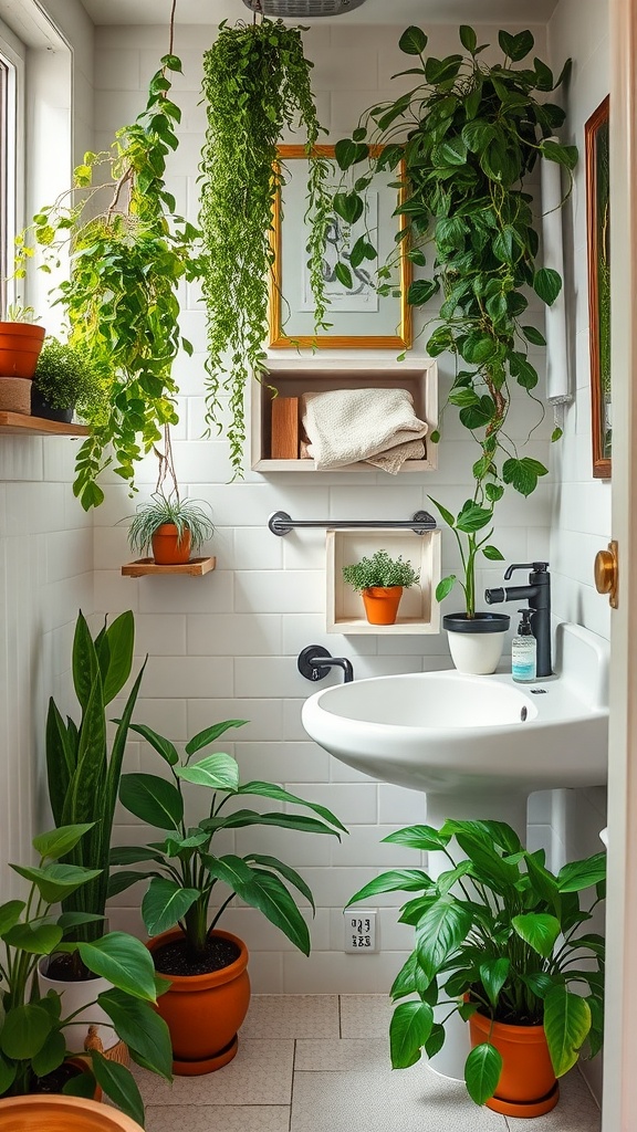 A fresh bathroom with various plants, including hanging vines and potted plants, creating a lively atmosphere.