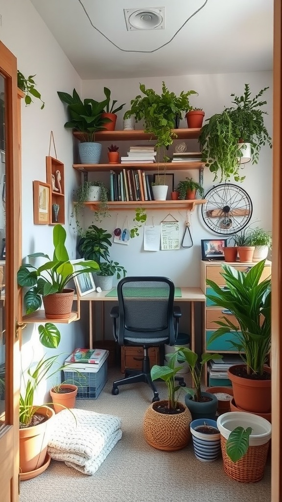 A small hobby room filled with various plants on shelves and the floor, showcasing a bright and lively atmosphere.