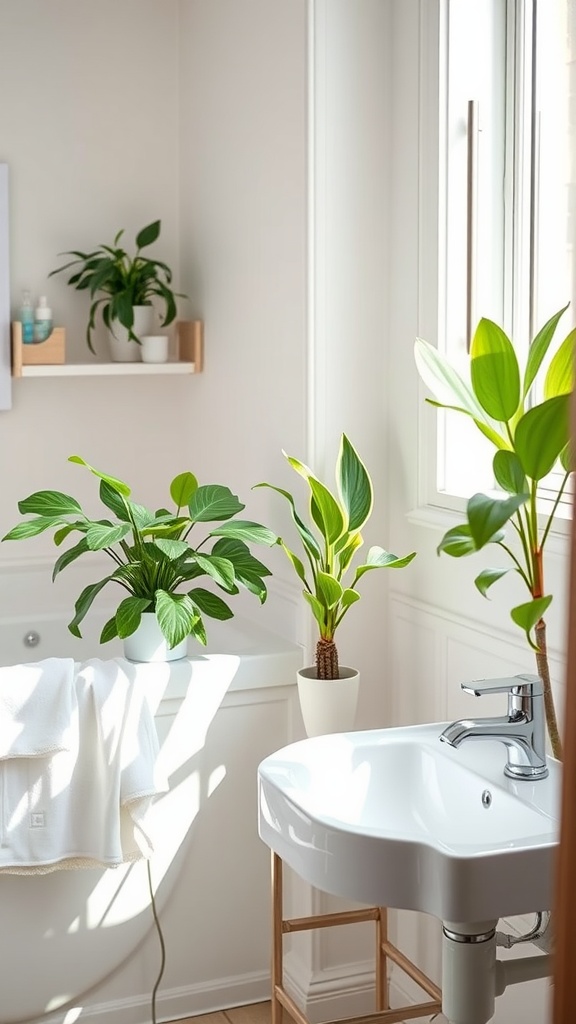 Bright dorm bathroom with lush green plants, clean sink, and natural light.