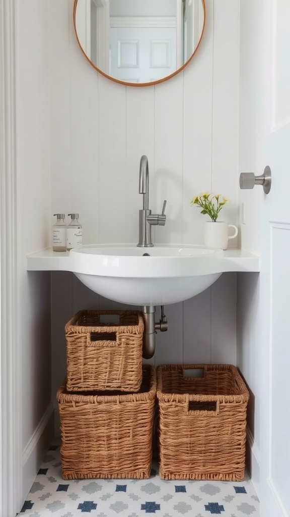 Small bathroom with three woven storage baskets under a sink, showcasing a stylish and organized space.