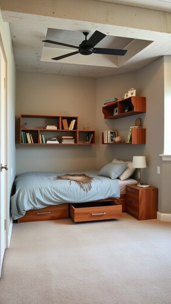 A small unfinished basement bedroom featuring a bed with storage drawers, floating shelves, and a ceiling fan.