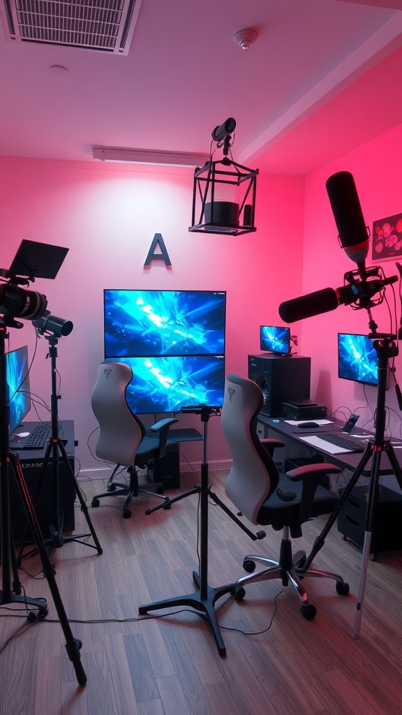 A modern gaming room setup featuring multiple monitors, microphones, and soft lighting.
