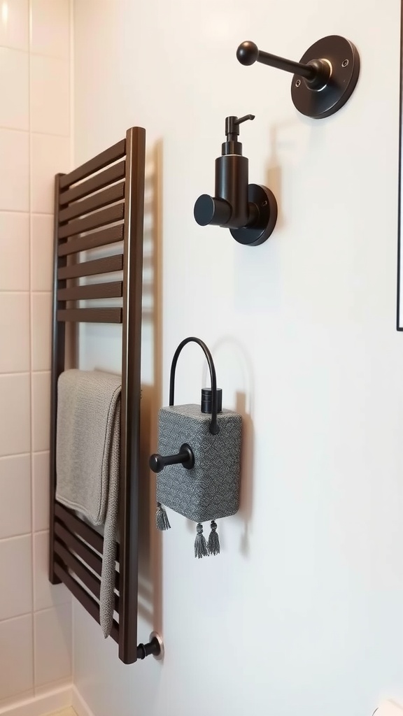 A modern small bathroom featuring a wall-mounted towel rack, soap dispenser, and decorative accessories.
