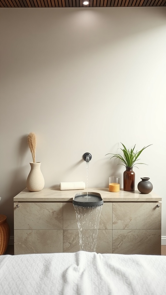 A serene massage room featuring a flowing water feature on a stylish countertop, complemented by decorative vases and plants.
