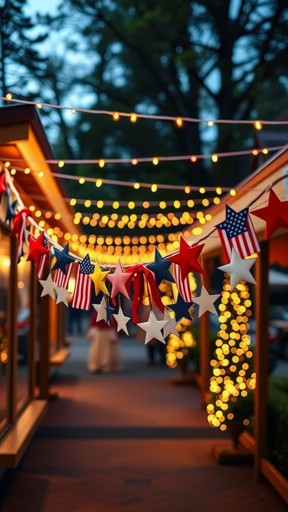 A festive garland with red, white, and blue stars and American flags, illuminated by string lights.
