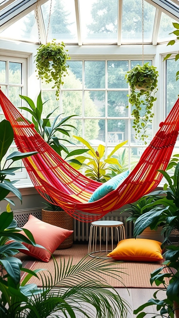 A vibrant red hammock with colorful cushions surrounded by indoor plants in a sunroom.