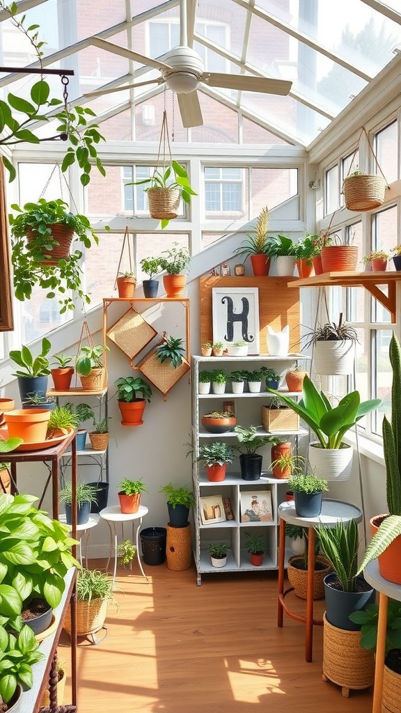 Indoor plant stands and shelving filled with various potted plants in a sunroom.