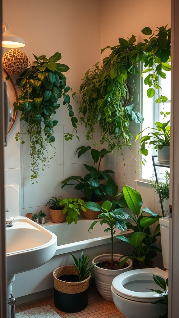A cozy bathroom filled with various indoor plants, including hanging plants and potted plants, creating a fresh and inviting atmosphere.
