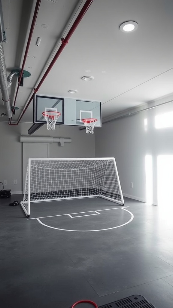 Indoor sports arena with basketball hoops and a soccer goal