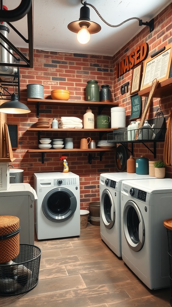 A cozy industrial-style laundry room with exposed brick walls, modern washing machines, and wooden shelves displaying decorative items.