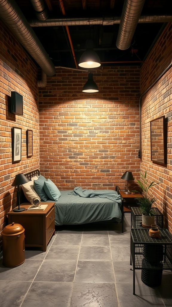 Cozy basement bedroom with exposed brick walls, teal bedding, and industrial decor elements.