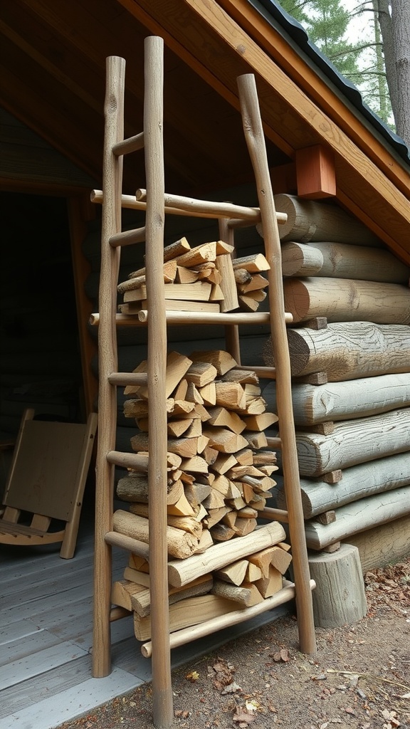 A wooden ladder rack storing neatly stacked firewood next to a log cabin.