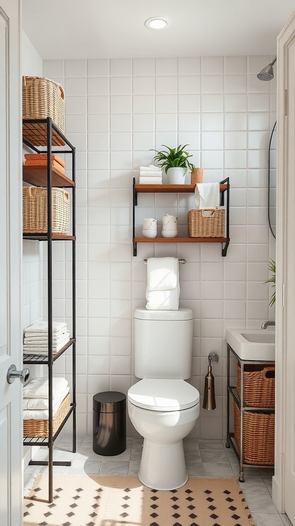 Small bathroom with innovative storage solutions including open shelving and stylish baskets.