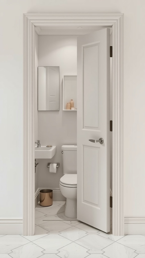 A pocket door leading into a small bathroom with a modern design.