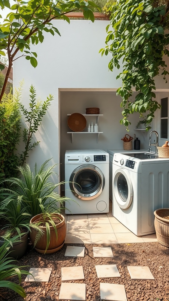 An outdoor laundry room with two washing machines surrounded by green plants and stepping stones.