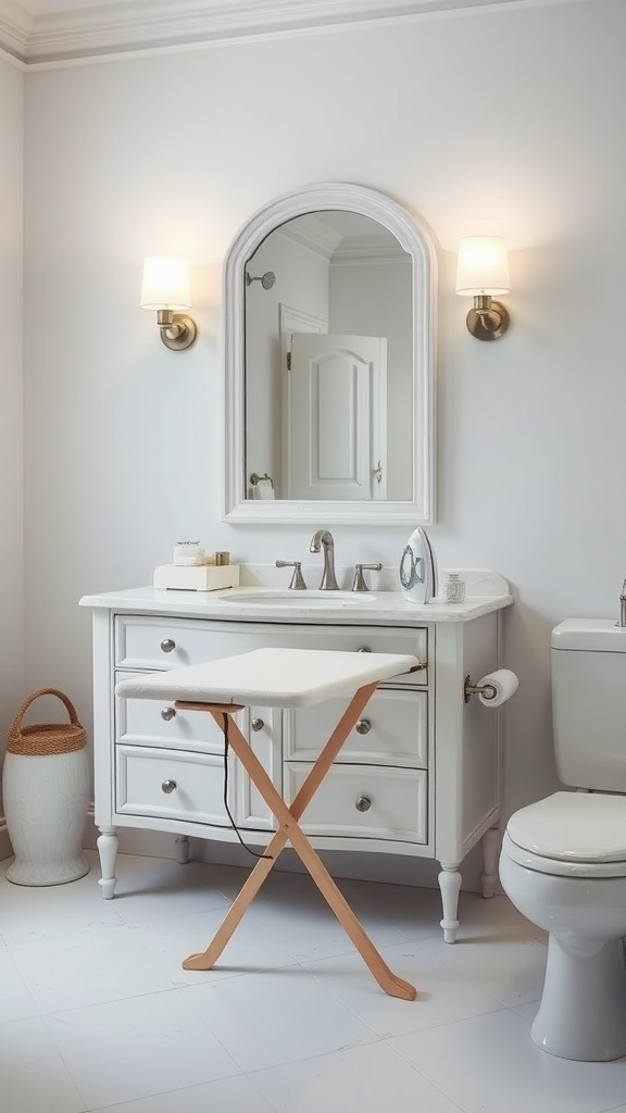A stylish bathroom with an integrated ironing board in the vanity, showcasing a sleek design and organized space.