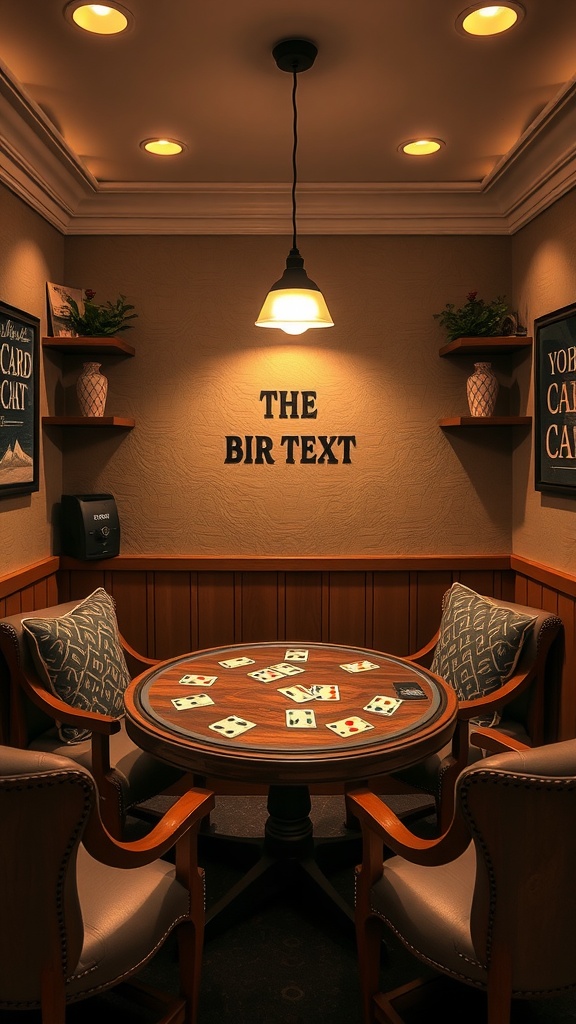 A cozy card game nook featuring a round table with cards, comfortable chairs, and warm lighting.