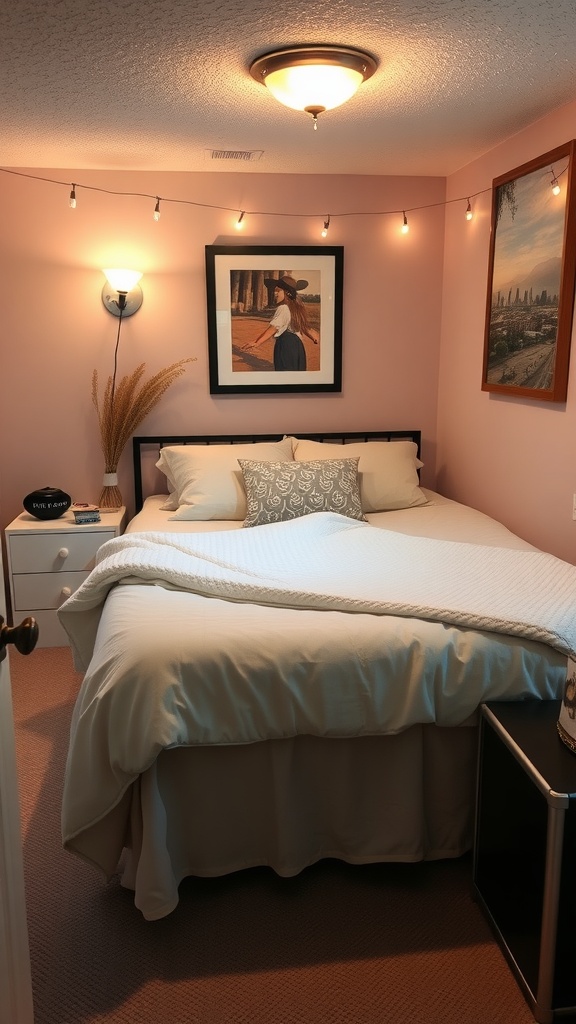 Cozy small basement guest bedroom with pink walls, a comfortable bed, and warm lighting.