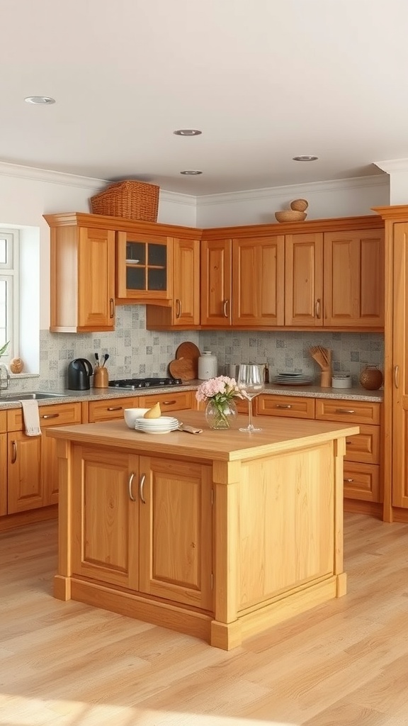 L-shaped kitchen with oak island and wooden cabinets