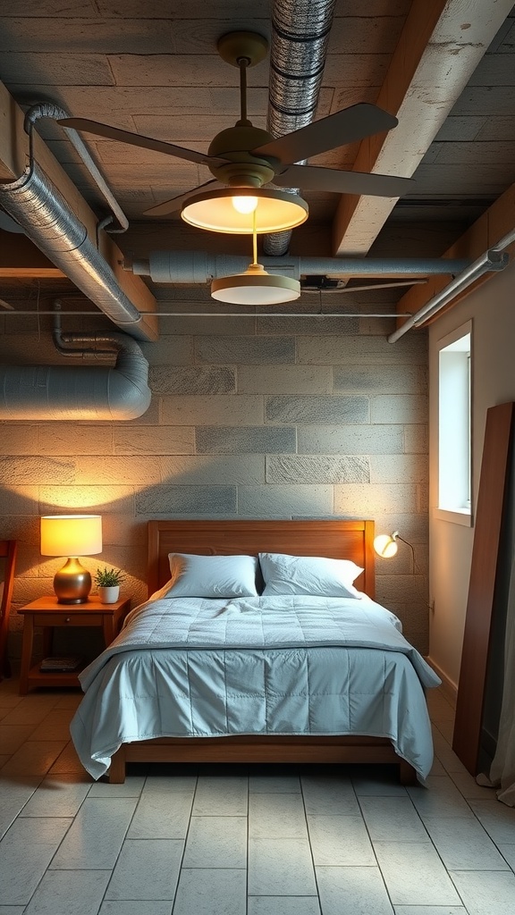 Cozy unfinished basement bedroom with layered lighting