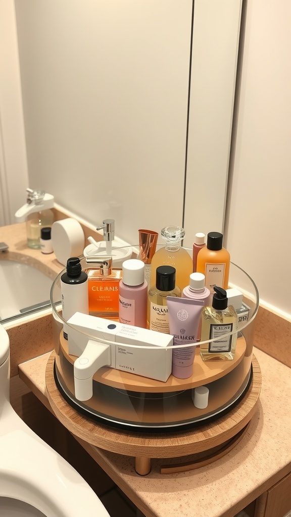 A circular Lazy Susan organizing various beauty products on a bathroom counter.