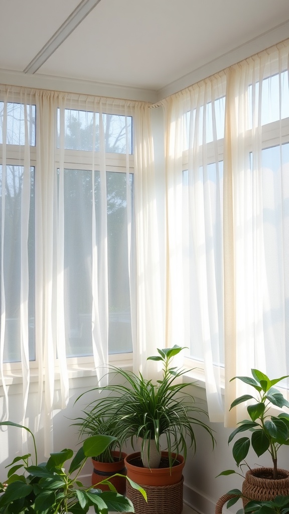 Light sheer drapes hanging in a sunroom with potted plants