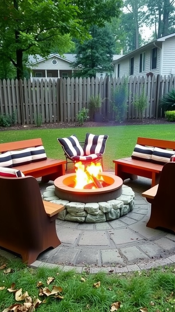 Outdoor log holder with built-in seating and circular fire pit surrounded by chairs