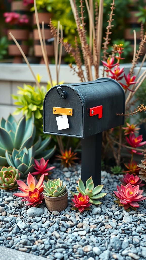 A stylish black mailbox surrounded by vibrant succulents in a flower bed.