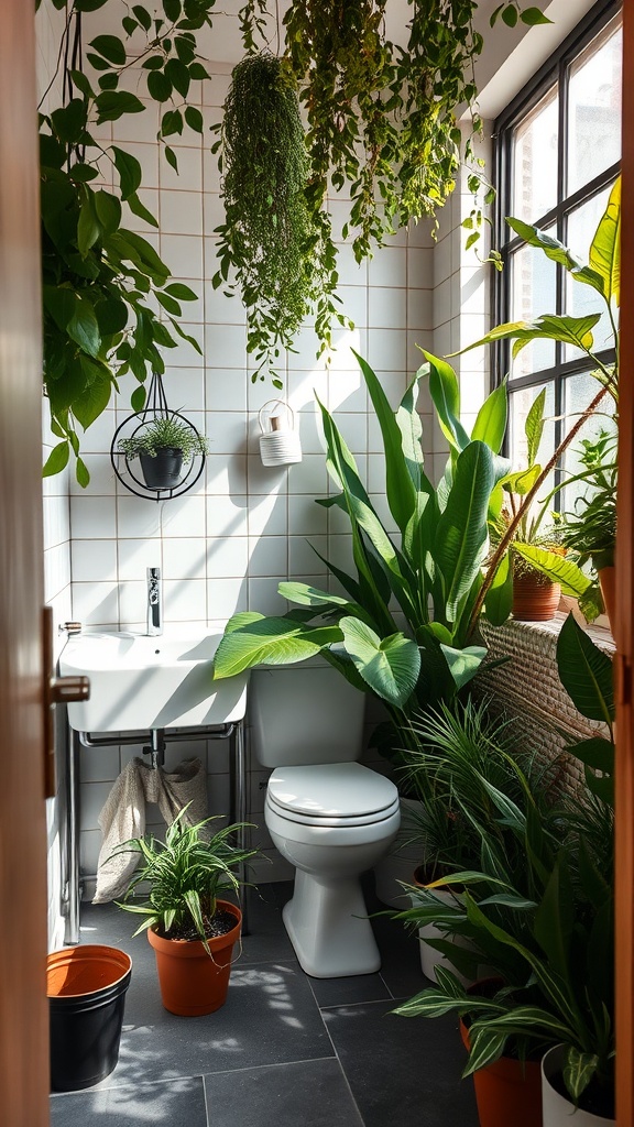 A bathroom filled with various indoor plants, featuring hanging greenery and potted plants near a toilet and sink.