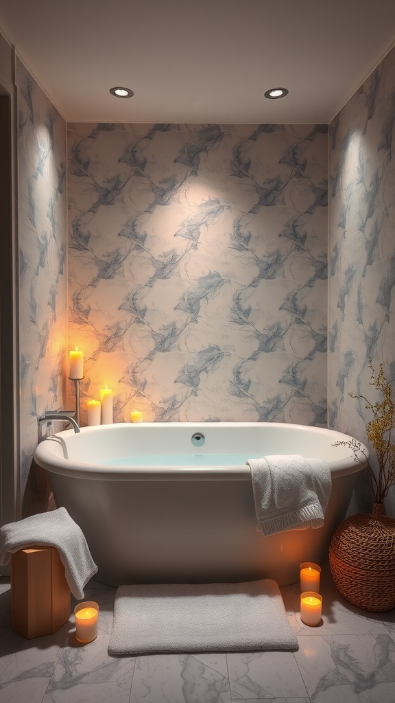 A cozy and inviting bathtub nook with candles, towels, and a beautiful patterned wall.